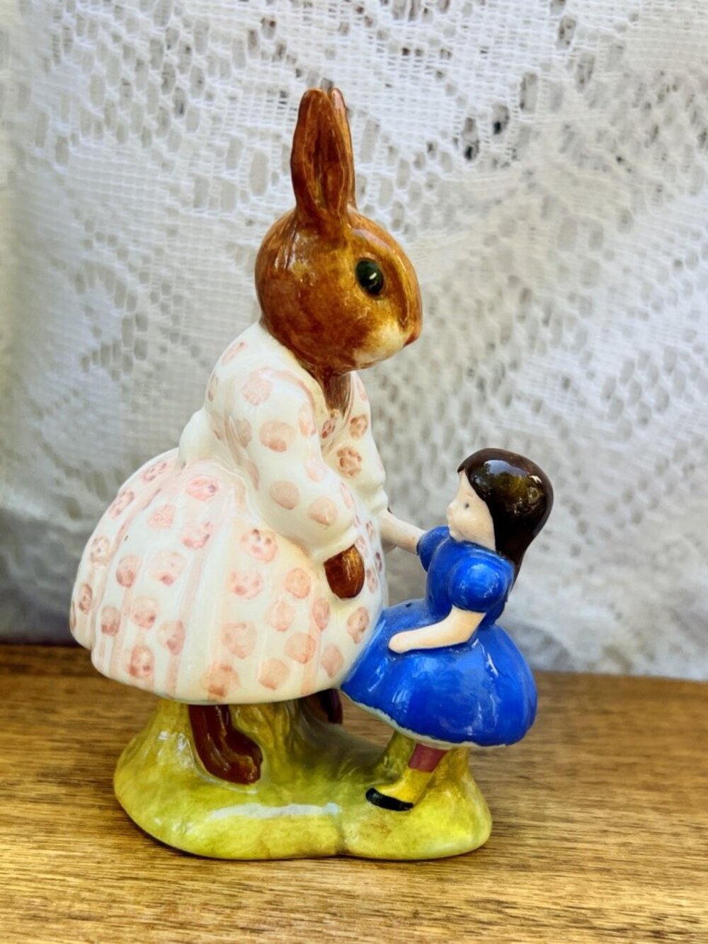 Rabbit & Girl Ceramic Figurine In Pastel Dress Hand-Painted Collectible Decor 4"